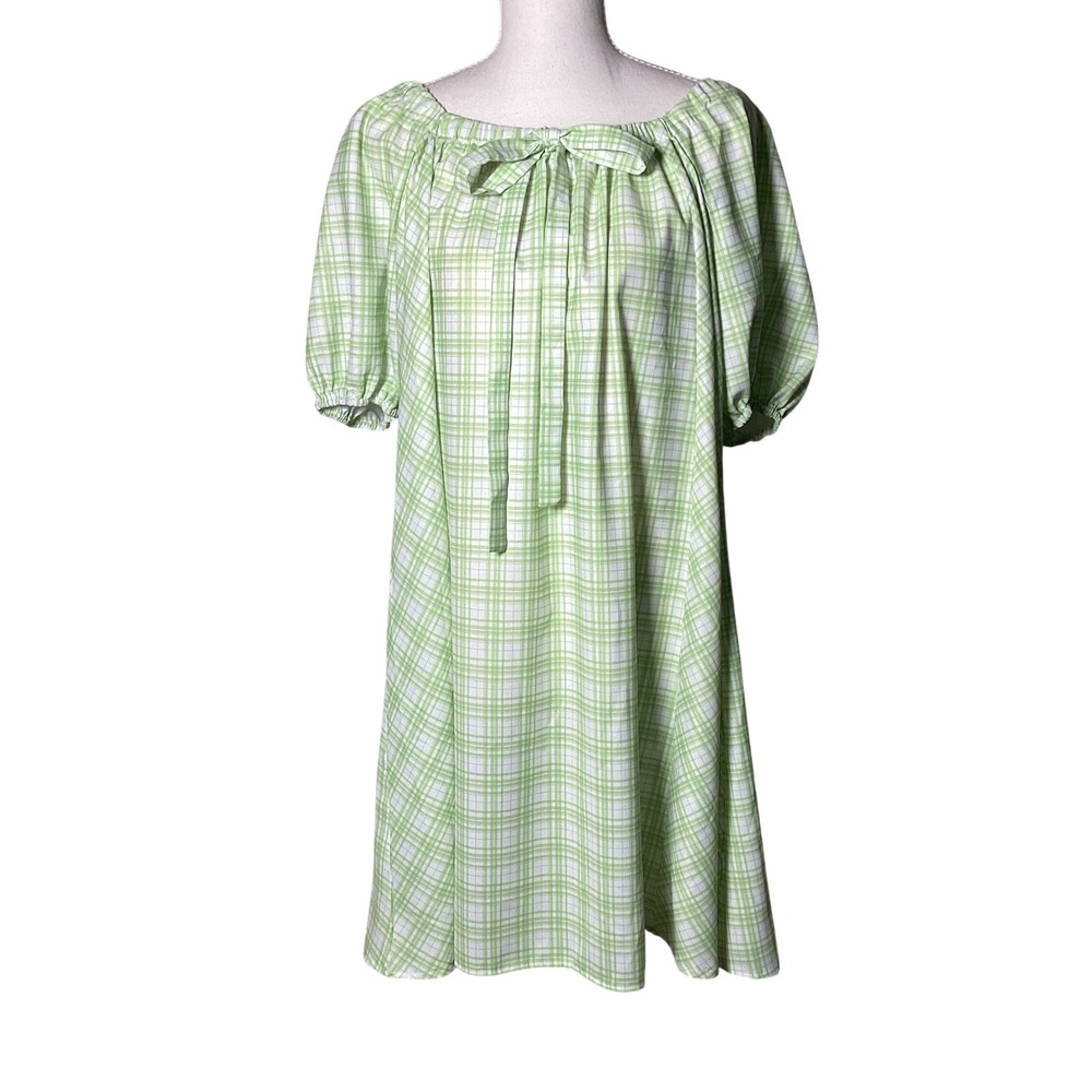 Plaid Print Babydoll Mini Dress Size M Green White Puff Sleeve Front Bowknot